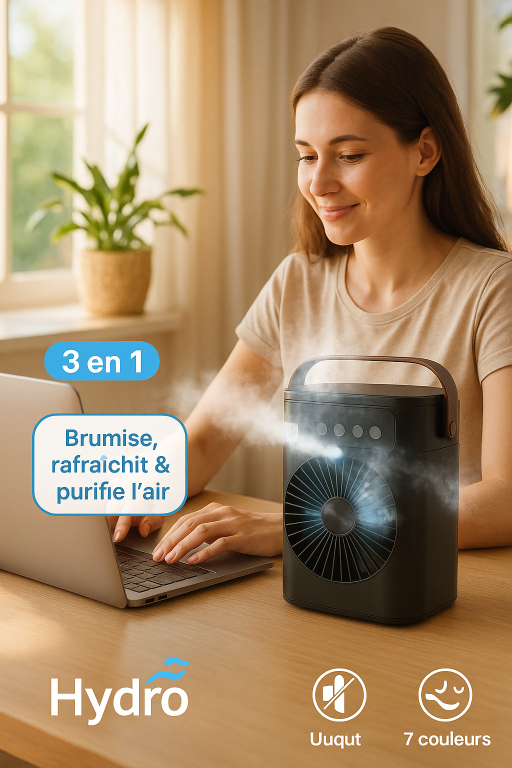 Ventilateur Brumisateur 3-en-1 Portable – Refroidisseur d’Air USB, Humidificateur & LED 7 Couleurs